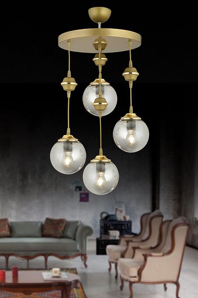SONSUZ AYDINLATMA&AVİZE Pendant Lamp Tray Antique 4-Piece Smoked Ball Glass Downward Facing Chandelier
