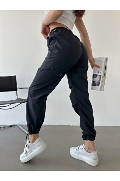 BEJNA Dámské černé kalhoty z padákové tkaniny s vysokým pasem