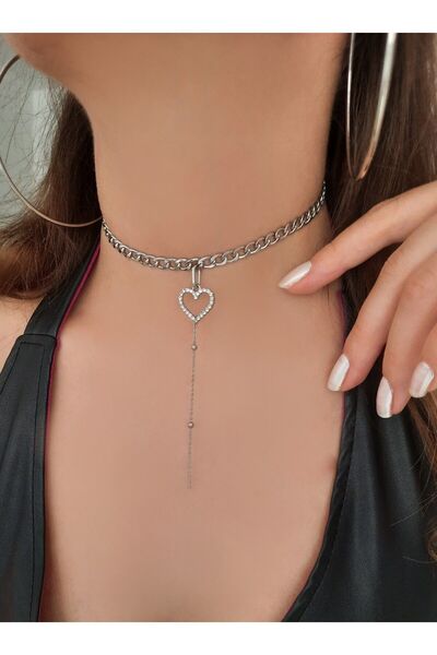 Cey's fashion Gümüş Renk Kalpli Choker Tasma Kolye ( boyuna göre ayarlanabilir )