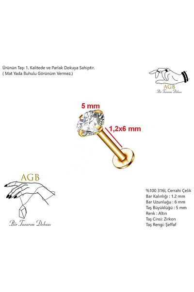 agbtasarım Zircon Solitaire Gold Nose, Lip Cartilage, Ear Piercing