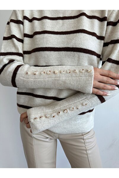 BEJNA Women's Brown Striped Buttoned Sleeve Knitwear Sweater