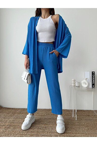 BEJNA Blaues Kimono-Hosen-Strickset für Damen