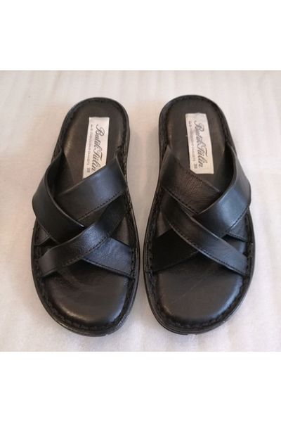 Butik Tülin Black Unisex Genuine Calf Leather - Double Cross Banded, Soft Stitched, Polyurethane Non-Slip Sole Slippers