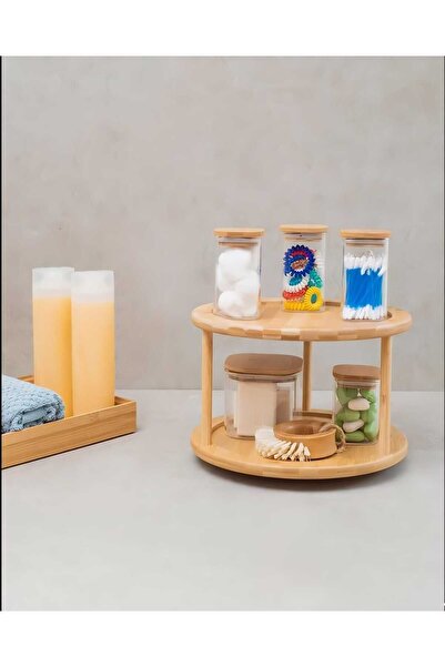 MEHAY HOME BAMBU 360 Derece Döner Stantlı Sunumluk Organizer Düzenleyici 2 Katlı Baharatlık -tk2400