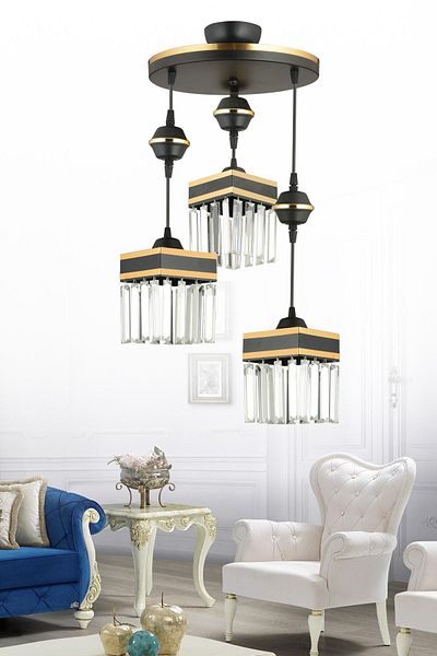 SONSUZ AYDINLATMA&AVİZE 3-Piece Black Pendant Lamp Tray with Crystal Stones and Yellow Strip Square Downward Facing Luxury Chandelier