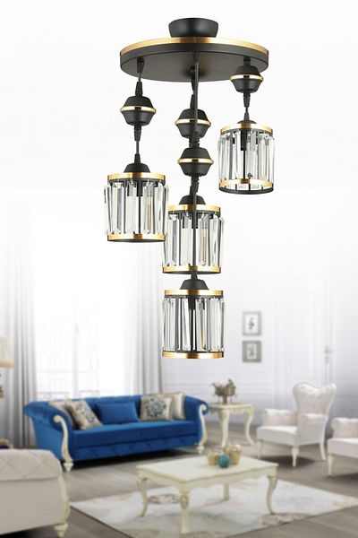 SONSUZ AYDINLATMA&AVİZE 4-Piece Black Pendant Lamp with Crystal Stones and Yellow Strip Cylinder Downward Facing Luxury Chandelier