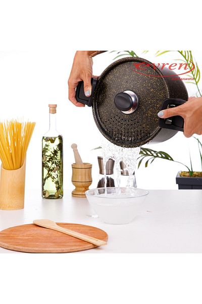 Evren 22 Cm Gold Stone Spaghetti Pasta Pot with Strainer Lid