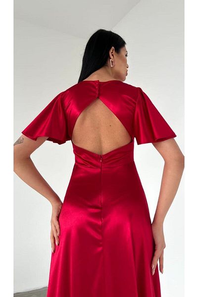 dükkan10butika Red Women's Evening Dress - Long Slit, Bat Sleeve, V-Neck, Low Back Engagement and Wedding Evening Dress