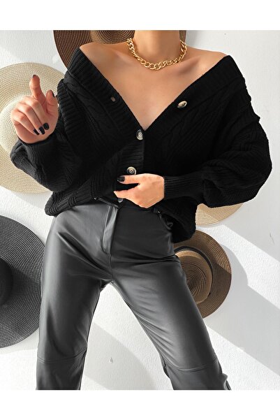 BEJNA Women's Black Thick Hair Braided Oversize Knitwear Cardigan