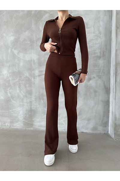 BEJNA Women's Brown Zippered Polo Neck and Slit Detail Bottom Top Set