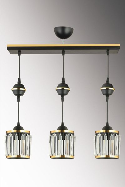 SONSUZ AYDINLATMA&AVİZE 3-Piece Black Row Pendant Lamp with Crystal Stones and Yellow Strip Cylinder Downward Facing Luxury Chandelier