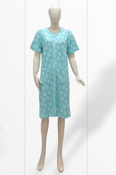 MY STAR HOME Mint & White Towel Dress Cotton Short Sleeve Zipped Home Beach Bathroom Sauna Sea Clothing