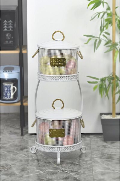Evistro 2 Layers Perforated Potato Onion Storage Bucket with Metal Stand White