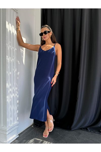 Elif Özbey Butik Rochie de bază bleumarin - cu bretele și fante