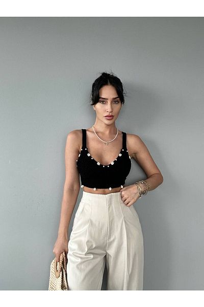 LB Laluna Butik Γυναικεία πλεκτή μπλούζα με κοχύλι με λεπτομέρειες