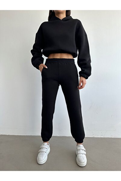 BEJNA Women's Black Cotton Basic Tracksuit Set with Fleece Inside