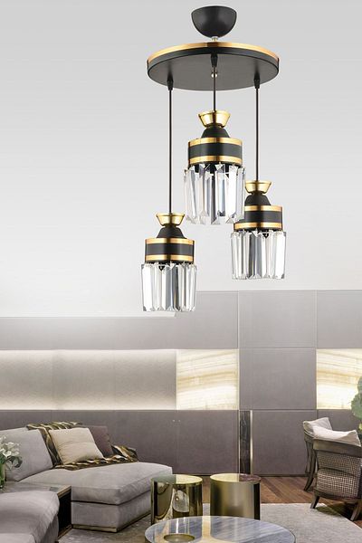 SONSUZ AYDINLATMA&AVİZE Tokyo 3-Piece Black Pendant Lamp with Crystal Stones and Yellow Strip Cylinder Downward Facing Luxury Chandelier