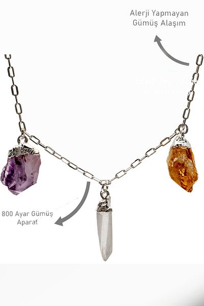 Tesbih Atölyesi Triple Model Certified Raw Unprocessed Amethyst and Crystal Quartz Necklace