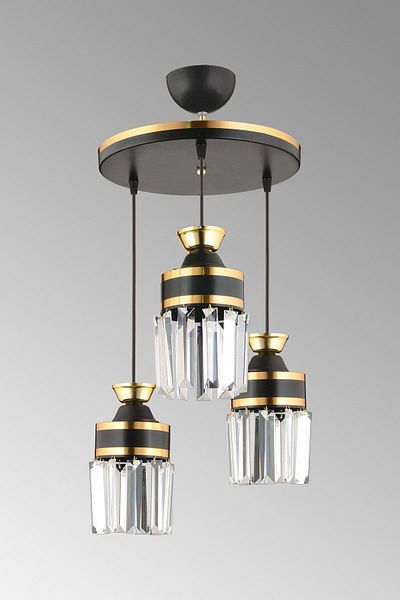SONSUZ AYDINLATMA&AVİZE Tokyo 3-Piece Black Pendant Lamp with Crystal Stones and Yellow Strip Cylinder Downward Facing Luxury Chandelier
