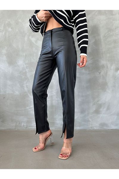 BEJNA Women's Black Slit Leg Faux Leather Trousers