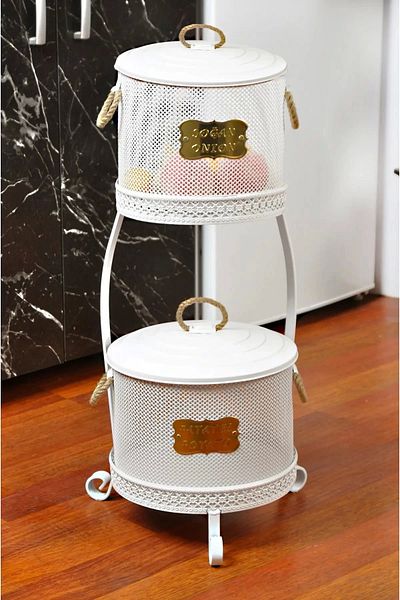 Evistro 2 Layers Perforated Potato Onion Storage Bucket with Metal Stand White