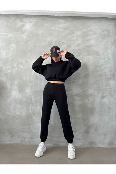 BEJNA Basic-Trainingsanzug-Set für Damen aus schwarzer Baumwolle mit Fleece-Innenseite