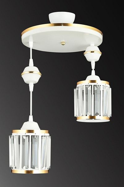 SONSUZ AYDINLATMA&AVİZE 2-Piece White Pendant Lamp with Crystal Stones and Yellow Strip Cylinder Downward Facing Luxury Chandelier