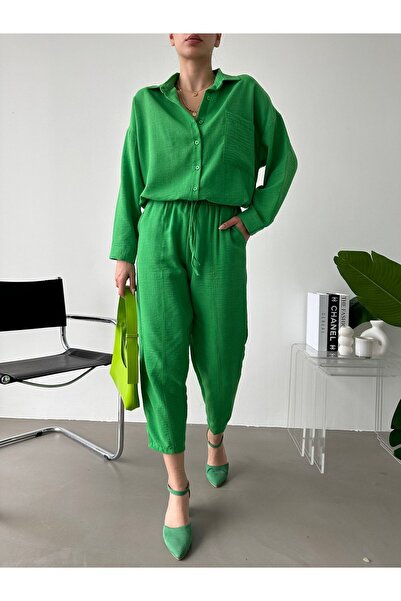 BEJNA Women's Green Oversize Linen Shirt Pants Bottom Top Set