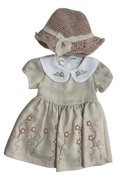 Tarz Çocuk Girl's Floral Embroidered Linen Dress with Hat