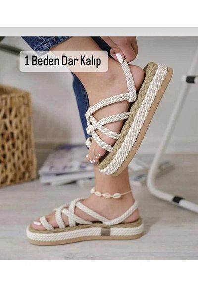 Pinkada Women's White Rope String High Sole Straw Sandals - It is Recommended to Buy 1 Size Larger