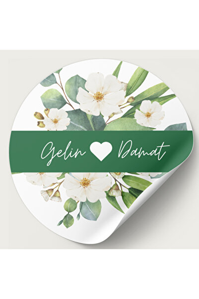 YAPIŞKAN STORE Kişiye Özel Söz Nişan Kına Düğün Sticker Yeşil Çiçek Tasarımlı - Mat Beyaz Kağıt - 24 Adet - 4x4cm