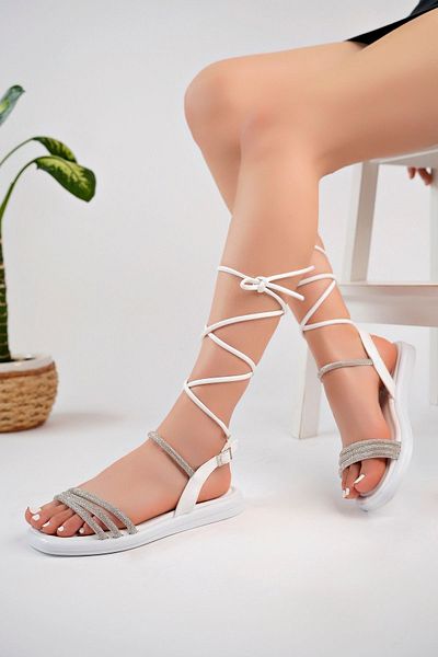 McDark White Jewelled Buckle Ankle Women's Sandals
