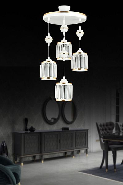 SONSUZ AYDINLATMA&AVİZE 4-Piece White Pendant Lamp with Crystal Stones and Yellow Strip Cylinder Downward Facing Luxury Chandelier