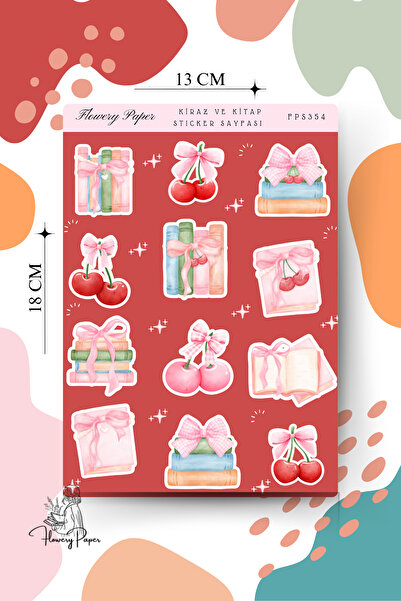 Flowery Paper Kitap ve Kiraz Sticker Sayfası - Defter,Ajanda ,Journal,Scrapbo...