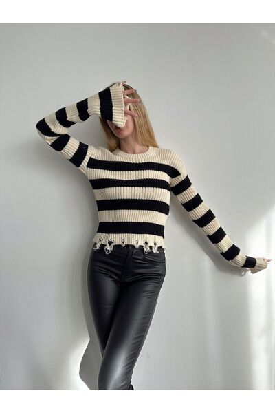 BEJNA Dámský roztrhaný podrobně pruhovaný pletený svetr