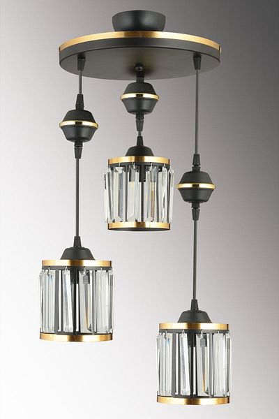 SONSUZ AYDINLATMA&AVİZE 3-Piece Black Pendant Lamp with Crystal Stones and Yellow Strip Cylinder Downward Facing Luxury Chandelier