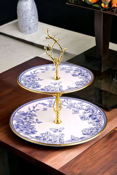 Pinkev Ceramic Blue Floral Patterned Double Layer Cookie Cake Presentation Plate
