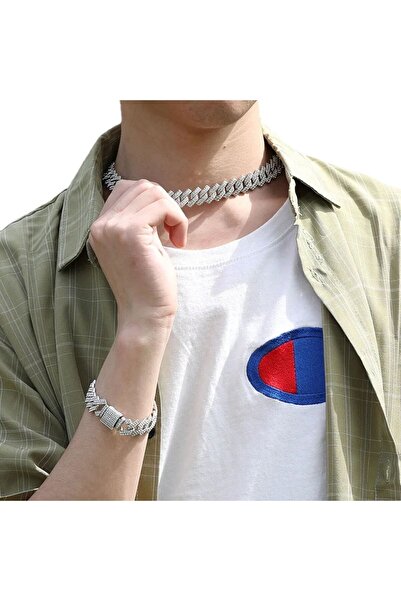 AKSESUARIM Erkek Zirkon Taşlı Kolye Bileklik Çelik Set