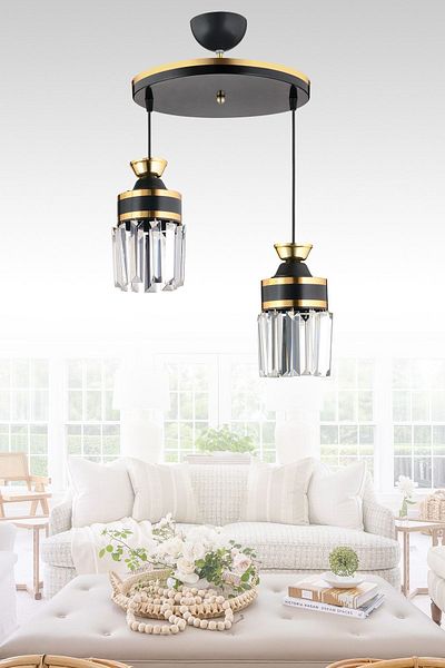 SONSUZ AYDINLATMA&AVİZE Tokyo 2-Piece Black Pendant Lamp with Crystal Stones and Yellow Strip Cylinder Downward Facing Luxury Chandelier