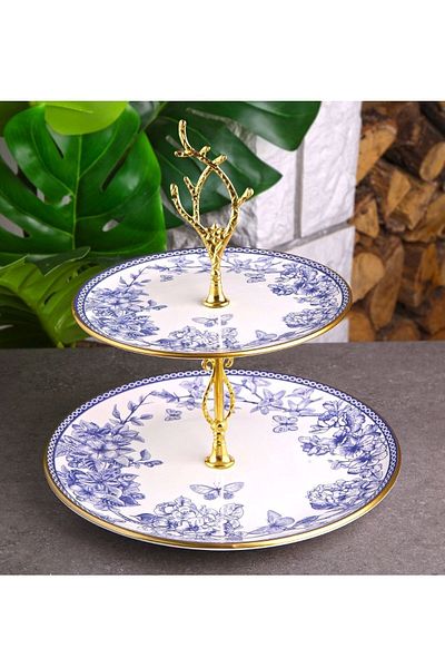 Pinkev Ceramic Blue Floral Patterned Double Layer Cookie Cake Presentation Plate