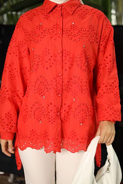PİNK FLY Pearl Embroidery Shirt Tunic - RED