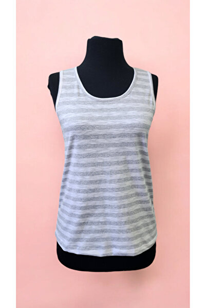 AHMERA رمادي مخطط طاقم الرقبة المرأة سميكة حزام تي شيرت