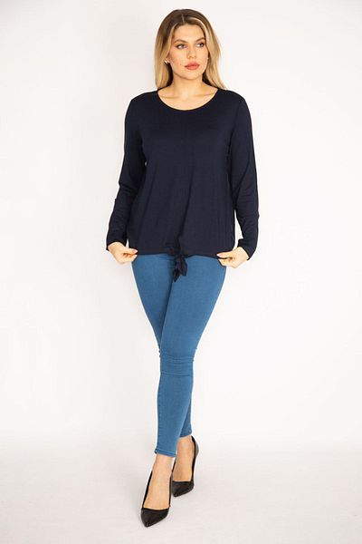 Şans Women's Large Size Navy Blue Crew Neck Blouse with Front Tie Detail 65n35217