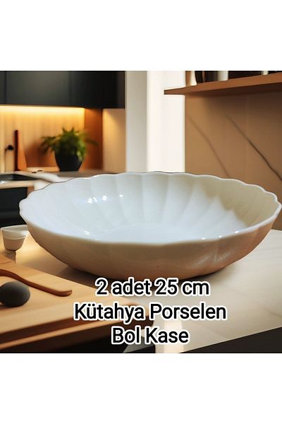 Kütahya Porselen Boneporce Luz - 25 Cm Plenty of Bowl, Non-Gilding Salad Fruit Presentation Plate, 1st Quality 2 Pieces
