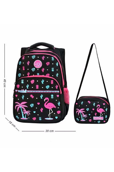 çantavizyon Flamingo Patterned Black Primary School Bag - Waddell School and Lunch Set