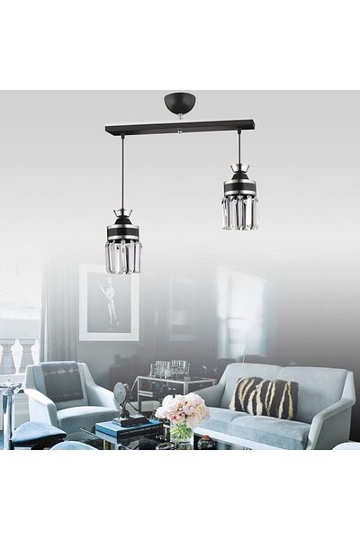 SONSUZ AYDINLATMA&AVİZE Tokyo 2 Row Black Pendant Lamp Tray Crystal Stone Chrome Striped Cylinder Downward Facing Luxury Chandelier