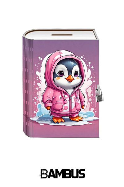 Bambus Home Pink Pandastic - صندوق تخزين ديكور خشبي مطبوع مع قفل وبنك خنزير