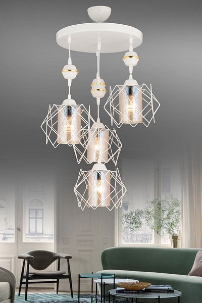 SONSUZ AYDINLATMA&AVİZE Arenda Pendant Lamp 4-Piece White Cylinder Glass Modern Downward Facing Chandelier