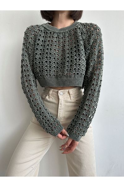 BEJNA Women's Khaki Washed Openwork Crop Sweater