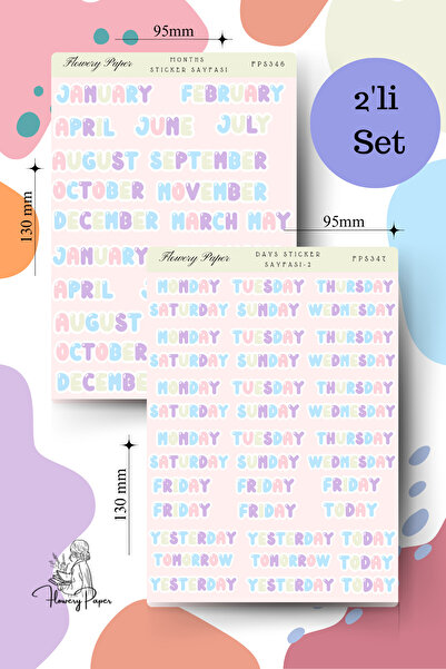 Flowery Paper 2'li Ay ve Gün (İngilizce)  Sticker Sayfası - Defter,Ajanda ,Jo...
